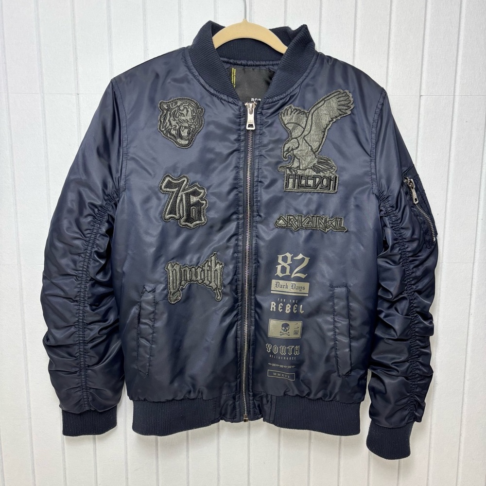 Robert Phillipe Navy Bomber Jacket with Embroidered Motifs Size M